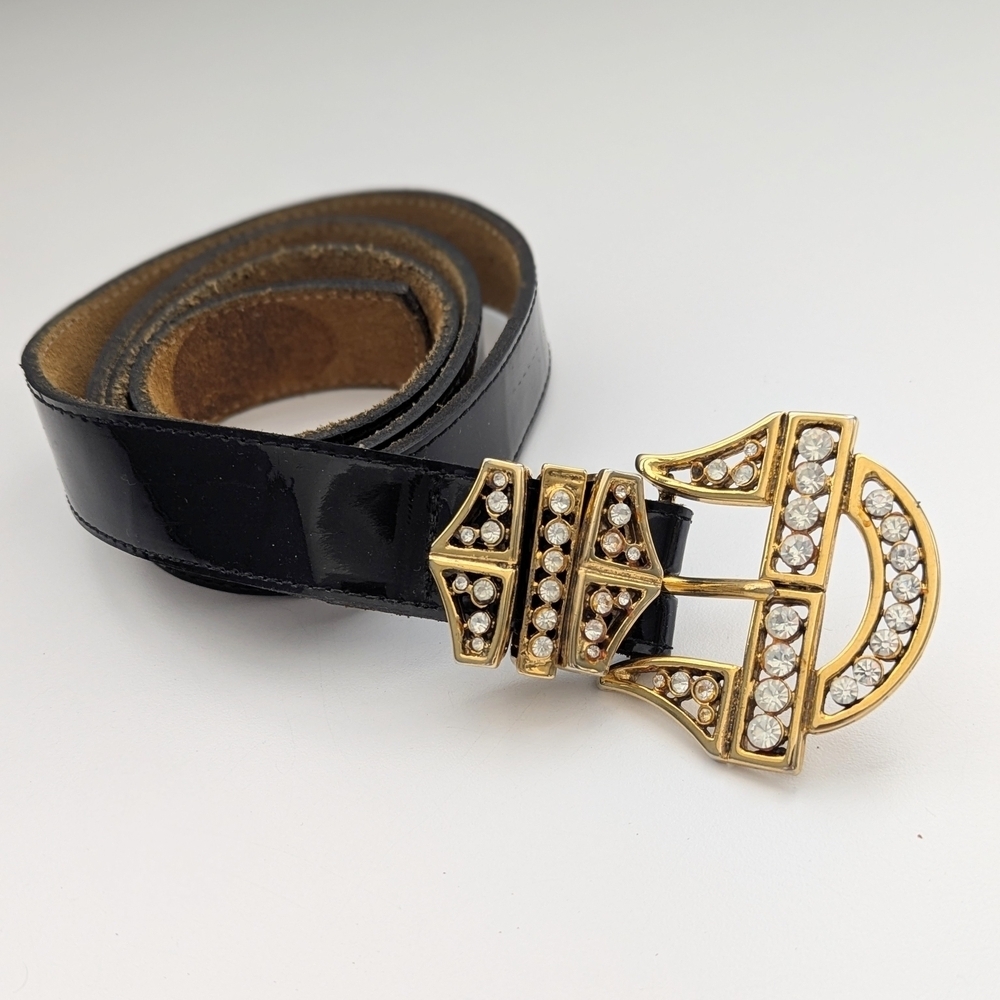 Stylish & Elegant Black Belt w/Embellished Gold & Diamond Colored Rhinestones